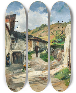 Triptych art skateboard deck of Eduard Zetsche Wachau Region A Path To A Vineyard Near A Village by Eduard Zetsche (1844-1927)