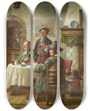 Triptych art skateboard deck of Fritz Wagner Amusing Reading by Fritz Wagner (1896-1939)