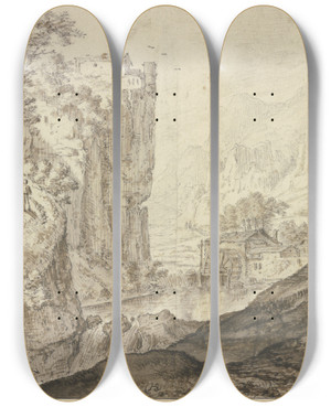Triptych art skateboard deck of Herman Saftleven Iii Rock Valley With A Mill by Herman Saftleven Iii (1609-1685)