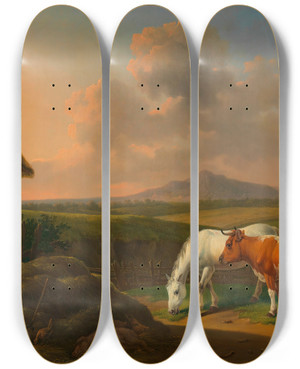 Triptych art skateboard deck of Alexander Johann Dallinger Von Dalling Pferd Und Kuh Im Wirtschaftshof by Alexander Johann Dallinger Von Dalling (1783-1844)