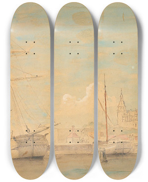 Triptych art skateboard deck of Carl Frederik Srensen Bde Til Kajs Ved Kronborg by Carl Frederik Sorensen (1818-1879)