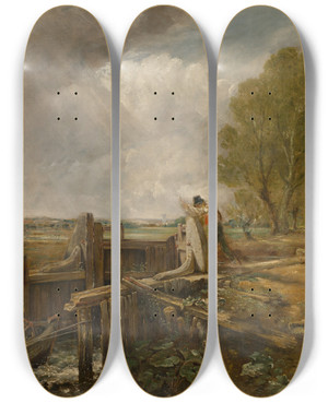 Triptych art skateboard deck of John Constable Study Of A Boat Passing A Lock by John Constable (1776-1837)