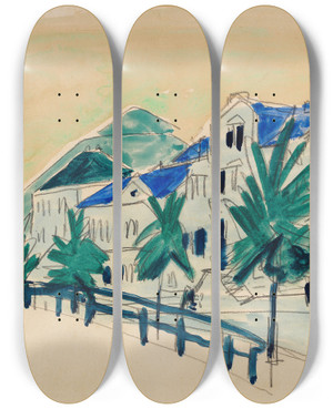 Triptych art skateboard deck of Ernst Ludwig Kirchner Huser Mit Allee by Ernst Ludwig Kirchner (1880-1938)