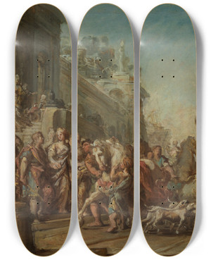 Triptych art skateboard deck of Jean Bernard Restout The Departure Of Dido And Aeneas For The Hunt by Jean Bernard Restout (1732-1797)