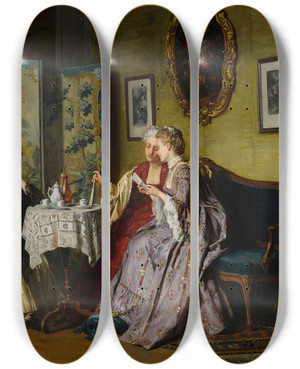 Triptych art skateboard deck of Jean Carolus The Eavesdropper by Jean Carolus (1814-1897)