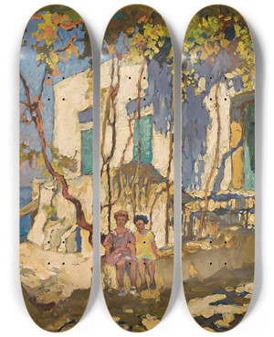 Triptych art skateboard deck of Konstantin Ivanovich Gorbatov Resting In The Shade Capri by Konstantin Ivanovich Gorbatov (1876-1945)