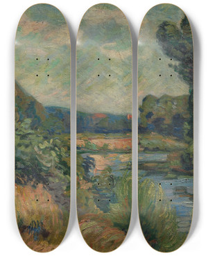 Triptych art skateboard deck of Armand Guillaumin The Banks Of The Marne At Charenton by Armand Guillaumin (1841-1927)