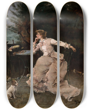 Triptych art skateboard deck of Alfred Stevens In Deep Thought by Alfred Stevens (1817-1875)
