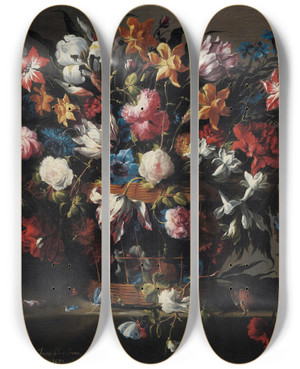 Triptych art skateboard deck of Juan De Arellano Small Basket Of Flowers by Juan de Arellano (1614-1676)