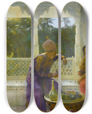 Triptych art skateboard deck of Edwin Lord Weeks Figures In An Interior With Garden Of Palms Beyond_2 by Edwin Lord Weeks (1849-1903)