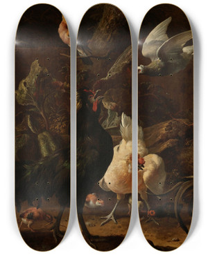 Triptych art skateboard deck of Melchior Dhondecoeter Birds In A Park by Melchior d'Hondecoeter (1636-1695)