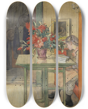 Triptych art skateboard deck of Carl Larsson Lisbeth Reading by Carl Larsson (1853-1919)