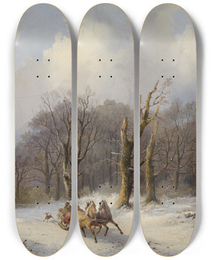Triptych art skateboard deck of Remigius Adrianus Van Haanen Winterlandschaft Mit Pferdeschlitten by Remigius Adrianus Van Haanen (1812-1894)