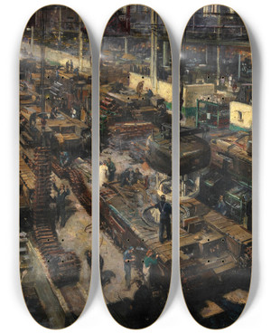 Triptych art skateboard deck of Terence Cuneo Production Of Tanks by Terence Cuneo (1907-1996) Triptych art skateboard deck of Terence Cuneo Production Of Tanks by Terence Cuneo (1907-1996)