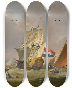Triptych art skateboard deck of Jan Van Os Shipping In A Storm Off The Coast by Jan Van Os (1744-1808)