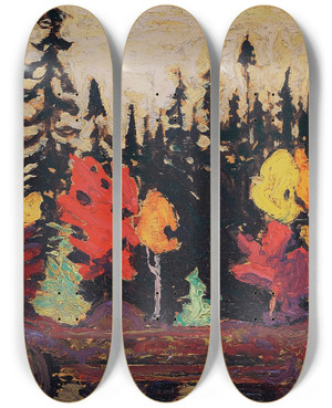 Triptych art skateboard deck of Tom Thomson Black Spruce And Maple by Tom Thomson (1877-1917)