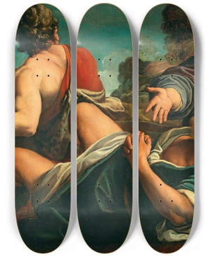 Triptych art skateboard deck of Alessandro Tiarini The Drunkenness Of Noah by Alessandro Tiarini (1577-1668)