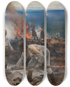 Triptych art skateboard deck of Eero Jrnefelt Under The Yoke Burning The Brushwood by Eero Jarnefelt (1863-1937)