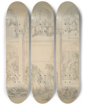 Triptych art skateboard deck of Peter Von Cornelius Titelblatt Zu Den Nibelungen by Peter Von Cornelius (1784-1867)