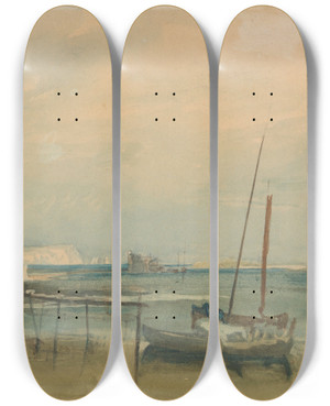 Triptych art skateboard deck of Joseph Mallord William Turner Coast Scene With White Cliffs And Boats On Shore by Joseph Mallord William Turner (1775-1851)