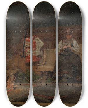 Triptych art skateboard deck of Olaf Isaachsen Farm Interior From Setesdal by Olaf Isaachsen (1835-1893)