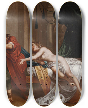 Triptych art skateboard deck of Lazzaro Baldi Joseph And Potiphars Wife by Lazzaro Baldi (1622-1703)