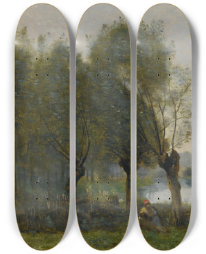 Triptych art skateboard deck of Jeanbaptistecamille Corot Montgeronsaulaie Au Bord De Leau by Jean-Baptiste-Camille Corot (1796-1875)