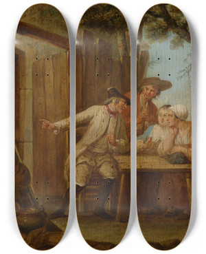 Triptych art skateboard deck of Louis Joseph Watteau The Return by Louis Joseph Watteau (1731-1798)