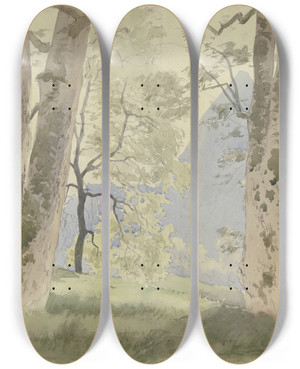 Triptych art skateboard deck of Hans Thoma Schwarzwaldlandschaft Blick Vom Waldesrande Auf Die Berge by Hans Thoma (1839-1924)