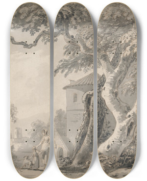 Triptych art skateboard deck of Paul Sandby Romantic Landscape With Figures And A Dog by Paul Sandby (1731-1809)