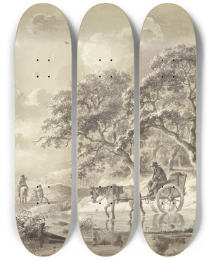 Triptych art skateboard deck of Andries Vermeulen Am Ausgang Eines Waldes Fhrt Ein Bauer Mit Einem Zweirdigen Wagen Durchs Wasser by Andries Vermeulen (1793-1814)