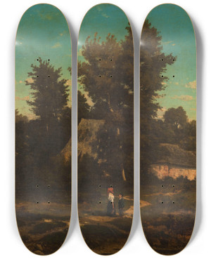 Triptych art skateboard deck of Henrijoseph Harpignies Paysage Aux Chaumires by Henri Joseph Harpignies (1819-1916)