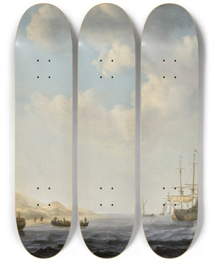 Triptych art skateboard deck of Willem Van De Velde The Younger An Amsterdam States Yacht At Anchor Near The Shore With Other Boats In Choppy Waters by Willem van de Velde the Younger (1633-1707)