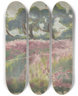 Triptych art skateboard deck of Frida Konstantin Blooming Meadow With Trees by Frida Konstantin