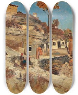 Triptych art skateboard deck of Theodor Von Hrmann Sdliche Landschaft by Theodor Von Hormann (1840-1895)