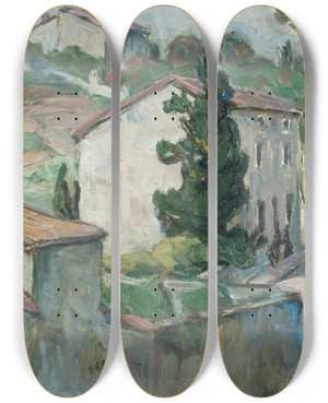 Triptych art skateboard deck of Anna Boberg The Red Roofs Study From The South Of France by Anna Boberg (1864-1935)