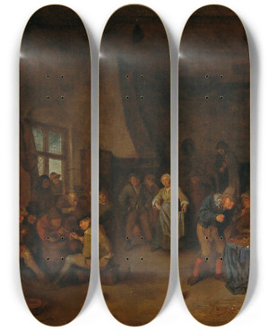 Triptych art skateboard deck of Egbert Van Heemskerck A Tavern Interior With Peasants Playing Triktrak by Egbert Van Heemskerck (1634-1704)