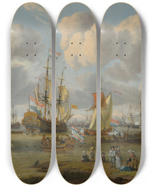 Triptych art skateboard deck of Abraham Storck Shipping Off Amsterdam With Figures On A Quay by Abraham Storck (1644-1708)