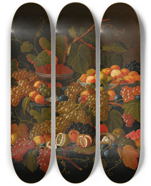 Triptych art skateboard deck of Severin Roesen Still Life With Fruit And Champagne_2 by Severin Roesen (1816-1872)