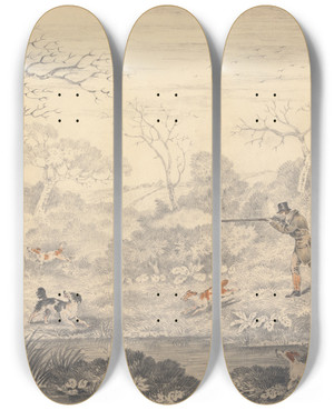 Triptych art skateboard deck of Edwin Gill Woodcock Shooting by Edwin Gill