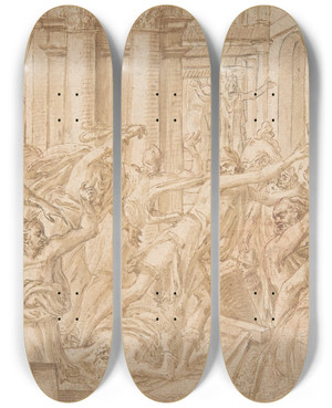Triptych art skateboard deck of Frans Floris Christ Driving The Money Changers From The Temple by Frans Floris (1519-1570)