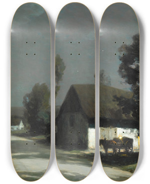 Triptych art skateboard deck of Franoischarles Cachoud A Village Road In The Moonlight by Franois-Charles Cachoud (1866-1943)