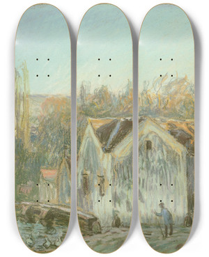 Triptych art skateboard deck of Alfred Sisley A Corner Of Moretsurloing by Alfred Sisley (1840-1899)