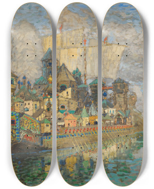 Triptych art skateboard deck of Konstantin Ivanovich Gorbatov The Invisible City Of Kitezh by Konstantin Ivanovich Gorbatov (1876-1945)