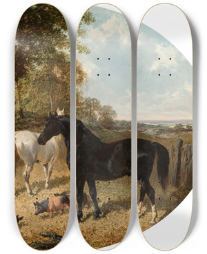 Triptych art skateboard deck of John Frederick Herring Jr In The Farmyard by John Frederick Herring Jr (1820-1907)
