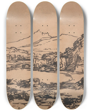Triptych art skateboard deck of Alexander Cozens Landscape With A Lake And Distant Mountain by Alexander Cozens (1717-1786) Triptych art skateboard deck of Alexander Cozens Landscape With A Lake And Distant Mountain by Alexander Cozens (1717-1786)