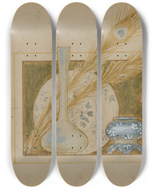 Triptych art skateboard deck of John George Sowerby Vignette Of Two Peacock Feathers And China by John George Sowerby (1849-1914)