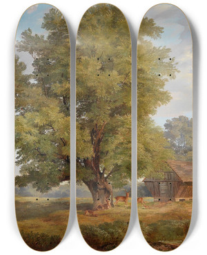 Triptych art skateboard deck of Rudolf Swoboda Hirsche In Der Praterau by Rudolf Swoboda (1859-1914)