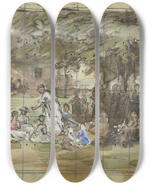 Triptych art skateboard deck of Philipp Rumpf Gruppe Von Frauen Und Kindern Im Freien by Philipp Rumpf (1821-1896)