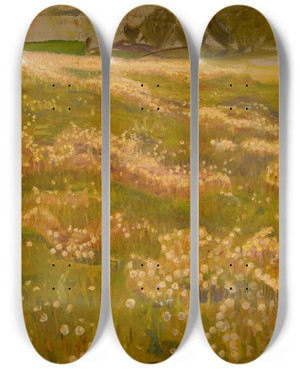 Triptych art skateboard deck of Richard Bergh Sketch For The Knight And The Maiden Dandelion Meadow by Richard Bergh (1858-1919)